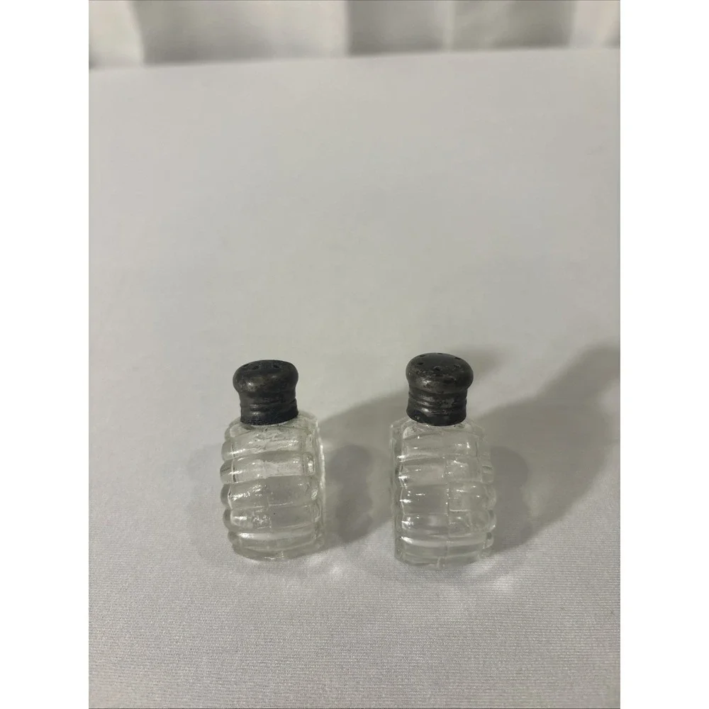 Vintage‎ Antique Glass/Crystal Salt & Pepper Shakers Sterling Silver Caps~Patina